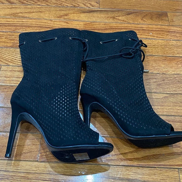 M&L black faux suede mid calf open toe booties. - Picture 2 of 15